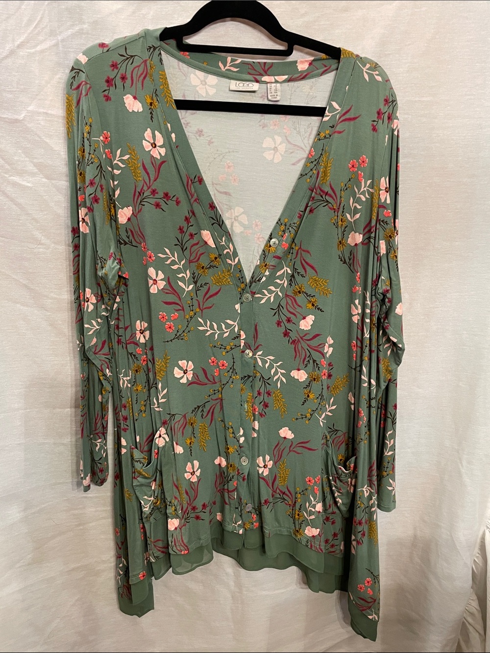 LOGO by Lori Goldstein Sage Green Floral V-Neck Button Tunic